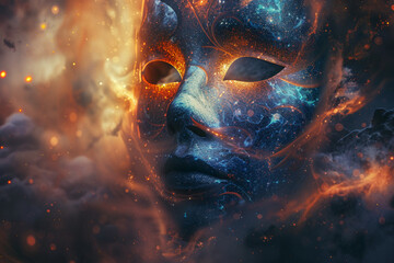 Create an AI composition featuring an abstract mask inspired by the cosmos, with swirling patterns and celestial motifs representing the mysteries of the universe