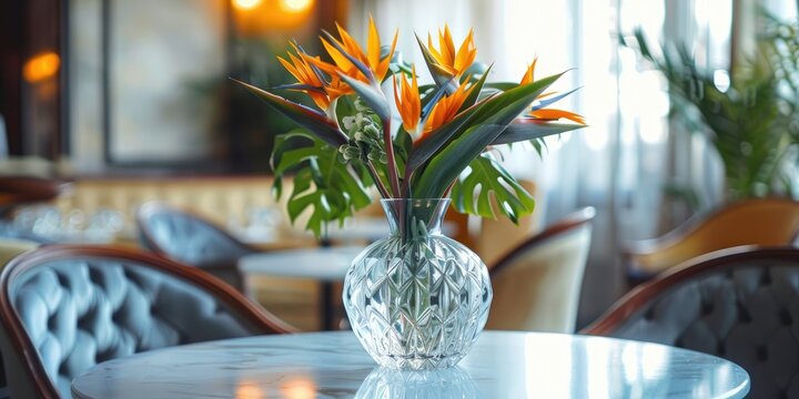 Beautiful bird of paradise flower arrangement in a crystal vase