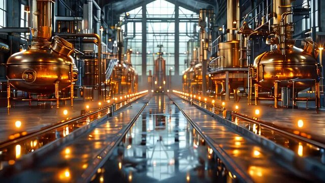Vintage copper distillation pipes in a brewery