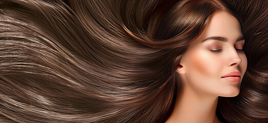 Obraz premium Portrait of beautiful young woman with long brown hair background.Haircare concept.