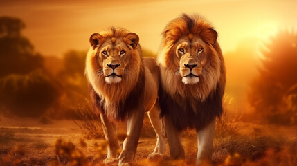 Majestic African Lion Couple: Pair of Predatory Wildlife in Their Natural Pride - obrazy, fototapety, plakaty