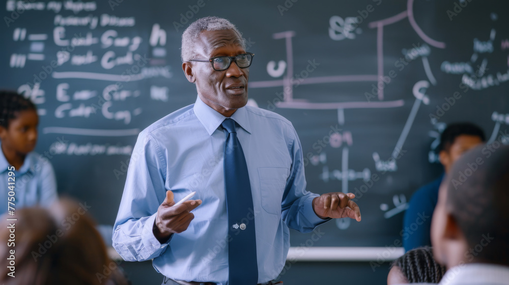 Poster a seasoned educator discusses complex topics with students in front of a chalkboard filled with form