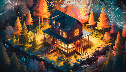 Abstract exploding photon Isometric view of country house in the woods acrylic paint maximal.
