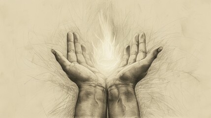Sketch of Hands Cupping Light, Metaphor for Hope and Inspiration - obrazy, fototapety, plakaty