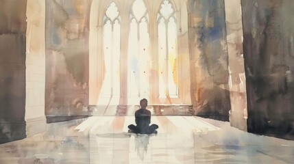 Watercolor Painting of Person in Cathedral, Evoking Solace and Reflection