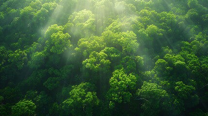 Naklejka na ściany i meble An aerial view of a dense forest canopy with sunlight filtering through the trees
