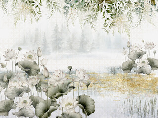 Beautiful lake with lotus flowers - wallpapre mural with gold © lucja_lusilas.pl