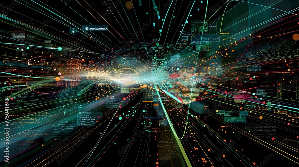 Poster futuristic visualization of dynamic electronic trading platform pulsing with digital flows