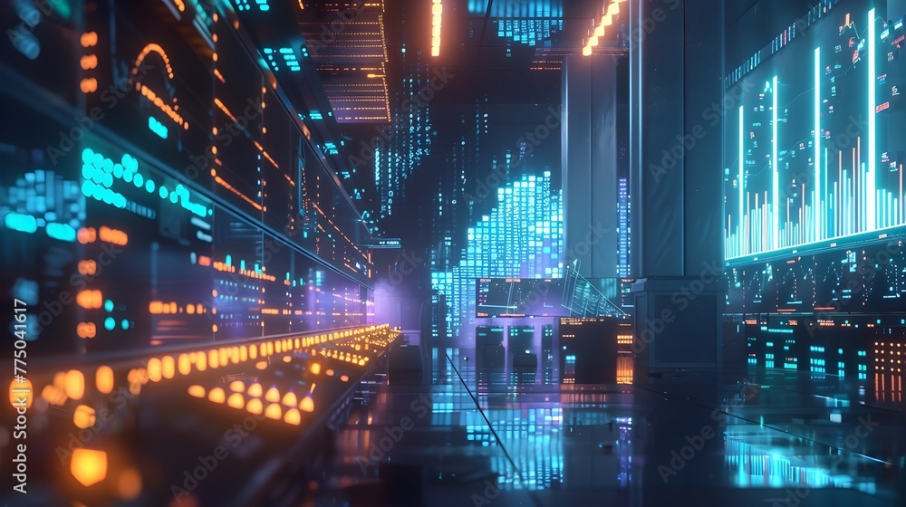 Poster futuristic virtual exchange:algorithmic trading visualized in neon-lit digital cityscape