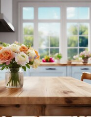 bouquet of flowers, Close-up an empty wooden table with kitchen, a wooden table adorned with vibrant flowers, windows that provide a scenic view., 