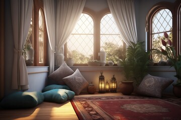 Cozy living room interior in oriental style with arched diamond-paned windows and pillows on the floor with a carpet