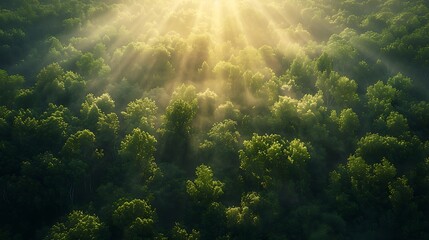 An aerial view of a dense forest canopy with sunlight filtering through the trees