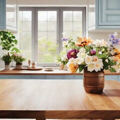 flowers in a window, Close-up an empty wooden table with kitchen, a wooden table adorned with vibrant flowers, windows that provide a scenic view., 