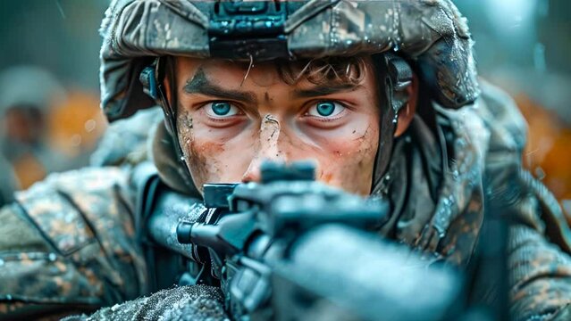 Special forces soldier in action. Special forces soldier in action on war foggy background. Selective focus