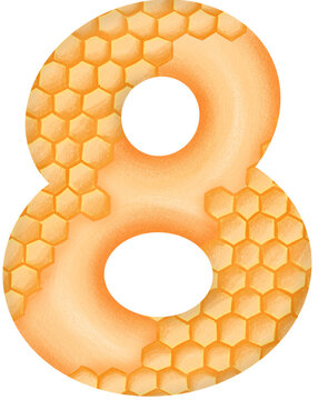 The number 8 has a yellow-orange honeycomb