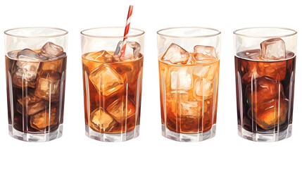 Watercolor illustration of a glass of cola with ice isolated on white and transparent background. Generative AI