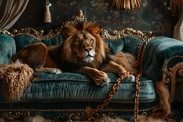 Create an AI image of an abstract, ferocious lion lounging lazily on a luxurious velvet sofa,...
