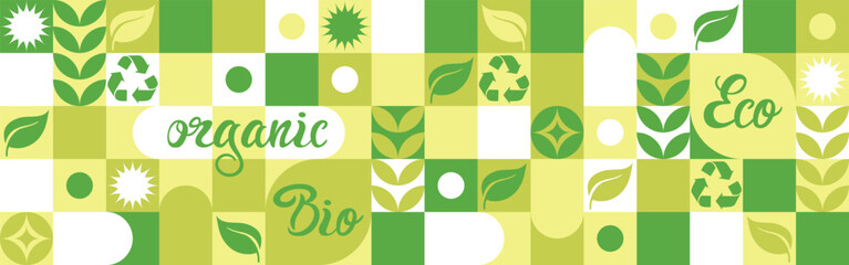 Bio template for ecological social projects, seamless pattern for eco packaging with green flowers. Natural style banner, mosaic of geometric white shapes. - 775042808