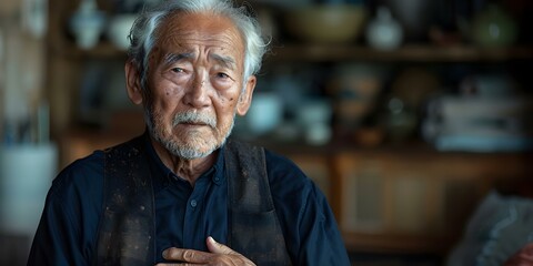 Asian senior man experiencing stomach pain on a white background, possibly due to digestion issues. Concept Digestion problems, Senior health, Stomach pain, Asian man, White background