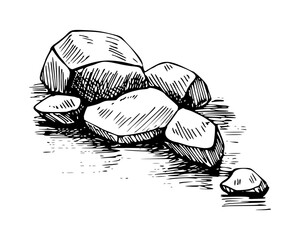 Stones vector sketch. Hand drawn illustration with painted by black inks on isolated background. Engraving nature. Monochrome drawing natural stack of rocks in line art and doodle style