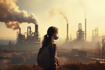 A girl in a protective mask against the background of an environmental disaster. environmental problems, smoke from chimneys