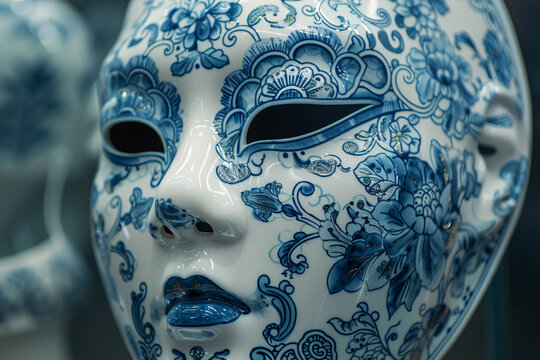 Design an AI-generated image of a mask fashioned from intricately patterned porcelain, blending strength with delicacy