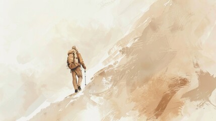 Lone Hiker Ascending, Watercolor Mountain Trek