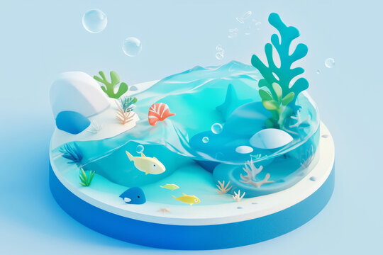 3D miniature colorful marine life and plants