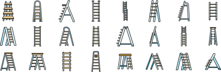 Step ladder icons set outline vector. Home metal. Stairway wooden thin line color flat on white