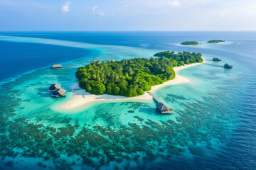 Aerial view of a vibrant turquoise atoll with lush green islands scattered throughout, surrounded...