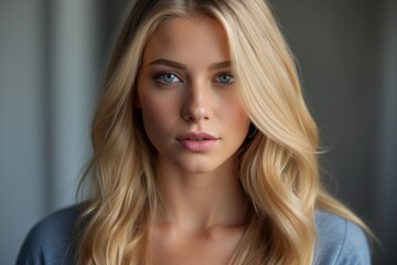 Naklejka premium A blonde woman with blue eyes and a light blue shirt