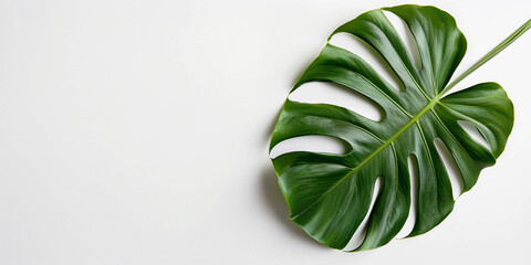 close up photograph of a monstera flower leaf on a white background, banner for advertising, decorative element. - obrazy, fototapety, plakaty