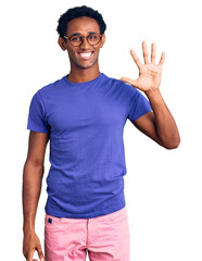 African handsome man wearing casual clothes and glasses showing and pointing up with fingers number...