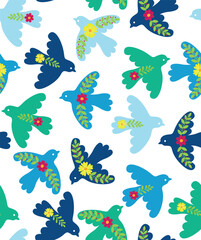 Seamless pattern of flying birds with ornaments. Vector colorful backdrop in flat style
