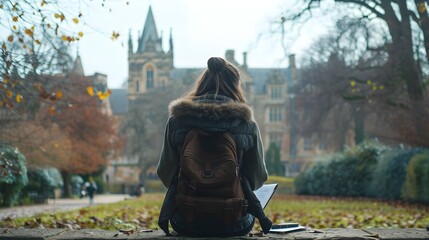 College Student Sketching Architectural Structure in Autumn Park Setting