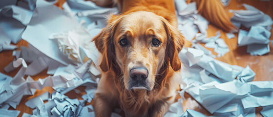 Dog with paper chaos. Generative ai design art. - obrazy, fototapety, plakaty