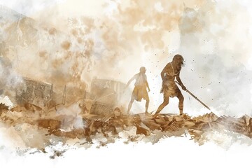 brown colored minimalist A minimalist watercolor illustration David & Goliath. with boho patterns and textures adorning