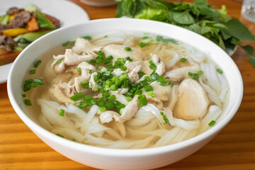 Traditional Vietnamese soup pho. Vietnamese cuisine soup Pho Ga with chicken, rice noodles, herbs in a bowl