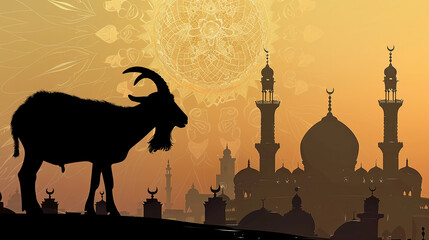 Eid Al Adha poster: Goat silhouette against mosque backdrop. AI generative