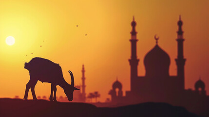 Eid Al Adha poster: Goat silhouette against mosque backdrop. AI generative