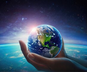 Within a cosmic embrace, a hand gently holds Earth, a blue orb representing our interconnectedness amid the boundless expanse of space.