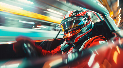 Inside a motor sports race car with the driver focused on the start of the race.