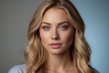 Fototapeta premium A woman with long blonde hair and blue eyes is smiling for the camera