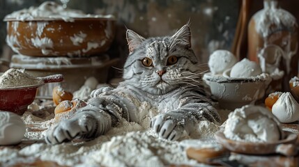 A cat making a mess in the kitchen with flour and baking ingredients everywhere.