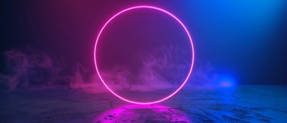 Render, blue pink neon round frame, circle, ring shape, empty space, ultraviolet light, 80's retro style, fashion show stage, abstract background.