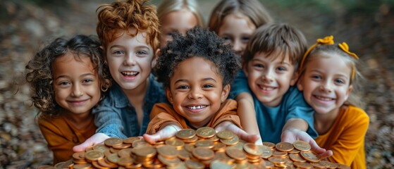 A group of cheerful, diverse children holding a pile of collected coins, possibly fundraising or learning about money and savings. - obrazy, fototapety, plakaty