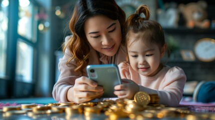 A young mother and her daughter are joyfully engaging with a smartphone surrounded by scattered golden coins, symbolizing digital savings or investment.