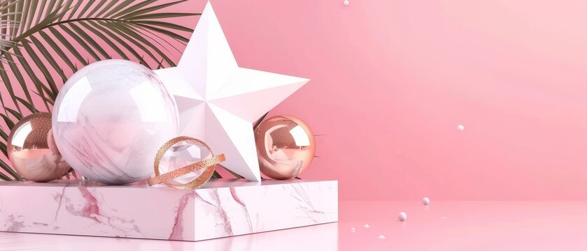 The 3D render includes a white marble star shape, a blank polygonal banner mockup, simple geometrical objects isolated on a rose pink background, and abstract luxury objects such as gold balls, glass