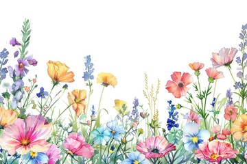 Fototapeta premium Pastel Garden Botanical Bliss: Watercolor Wildflower Border 