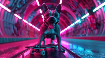 A playful French bulldog skateboards through a vibrant neon-lit tunnel, showcasing urban pet adventures and modern lifestyle. - obrazy, fototapety, plakaty